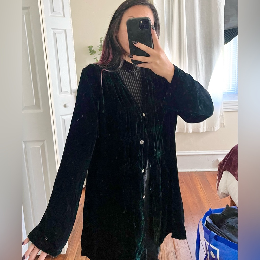 Vintage Emerald Velvet Long Sleeve Cardigan Shirt Top Button Up Metal Buttons